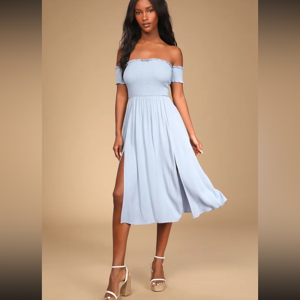 Lulus View from the Meadow Slate Blue Off-the-Shoulder Dress NWOT